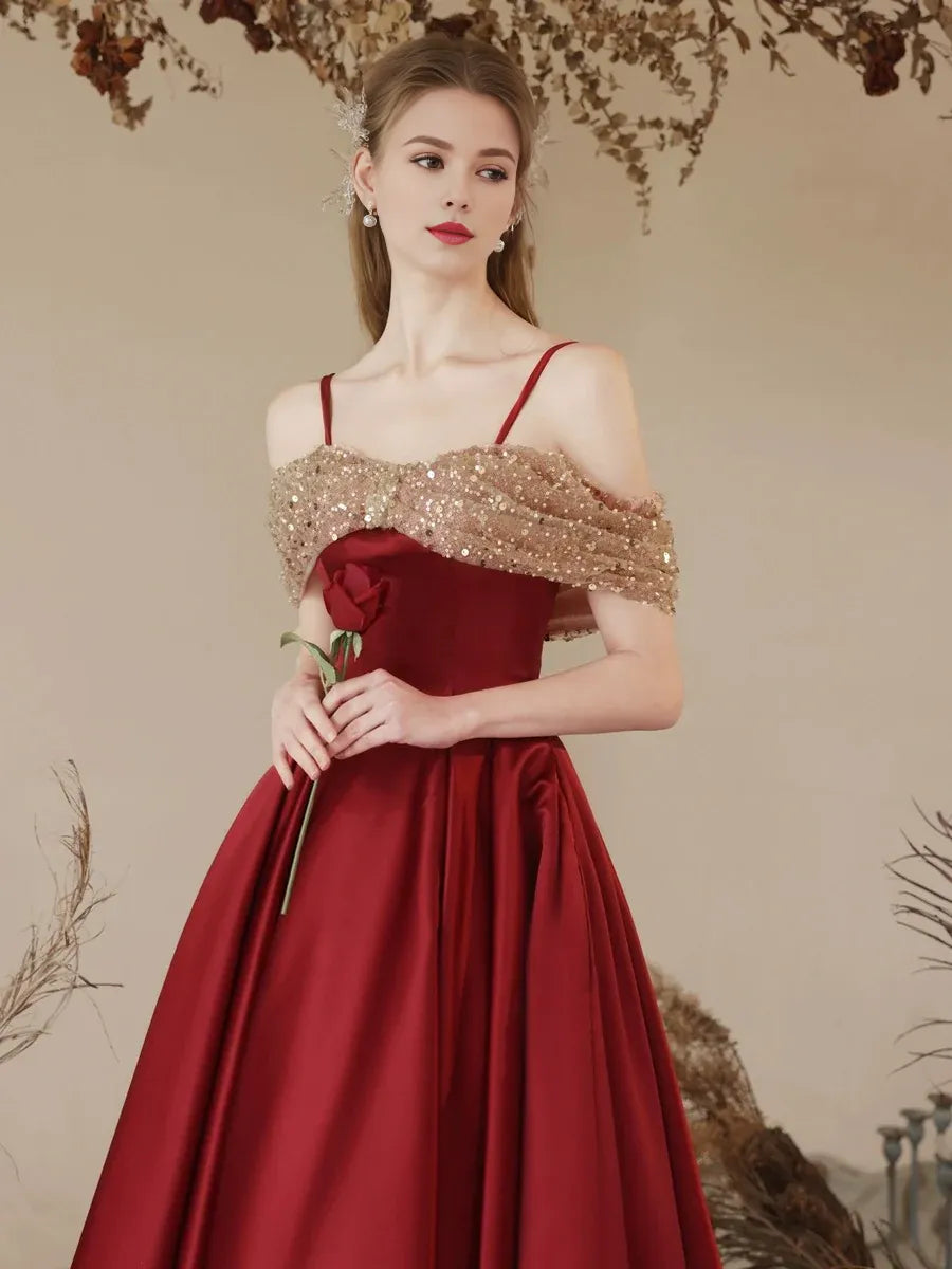 Wholesale A-Line Off Shoulder Sweetheart Neck Tea Length Burgundy Prom Dress gowns evening dresses